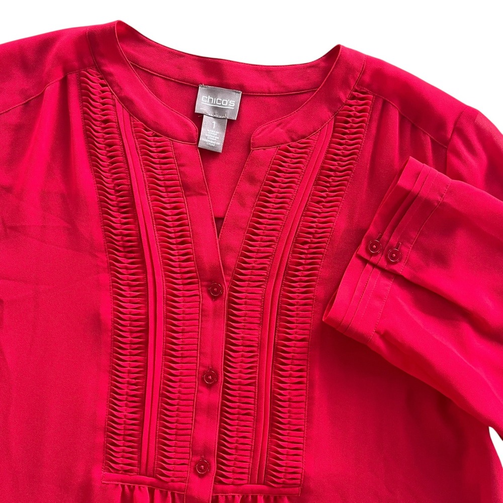 Chico's Women M Red Button 3/4 Sleeve Pintuck Detail Sheer Blouse Coastal Nautic